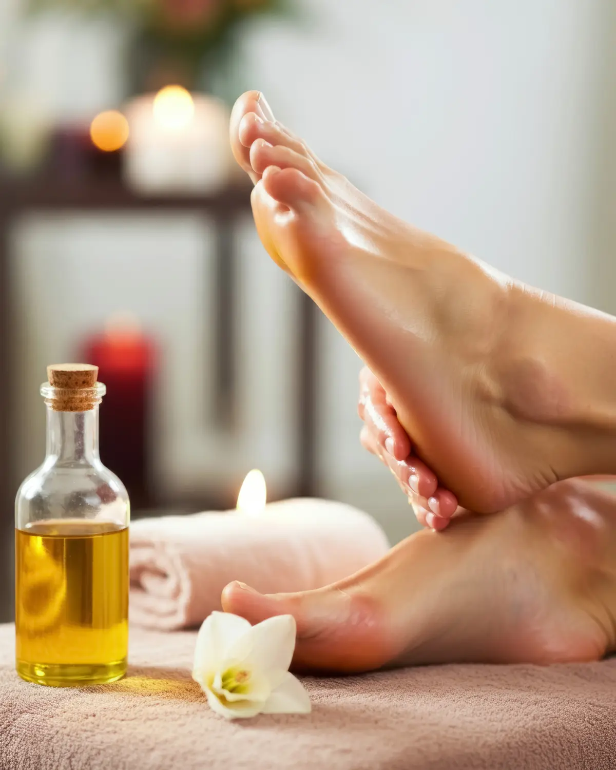 Frau erhält entspannende Fußmassage mit Ölen, Fußmassagetherapie, Pflegebehandlungen zur Vorbeugung von rissigen Fersen